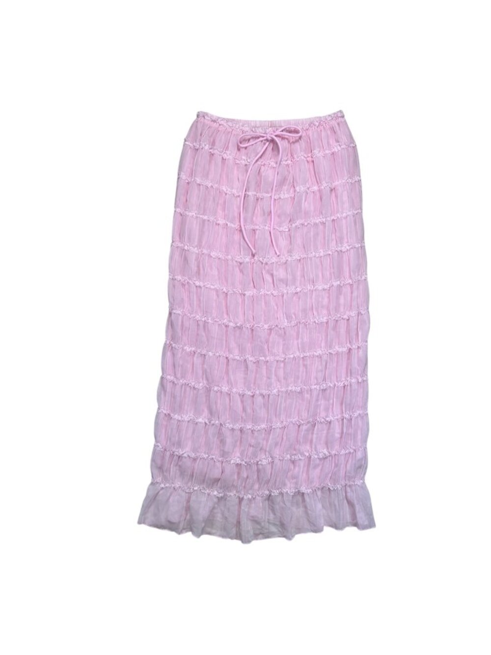 Pink Tiered Chiffon Ruched Frill Maxi Skirt Large Fairy Twee
